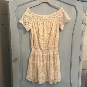 off the shoulder, lace mini dress